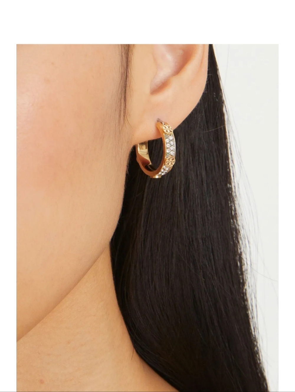 Tory Burch Double T Crystal Small Hoops | Gold | NWOT - Picture 2 of 4